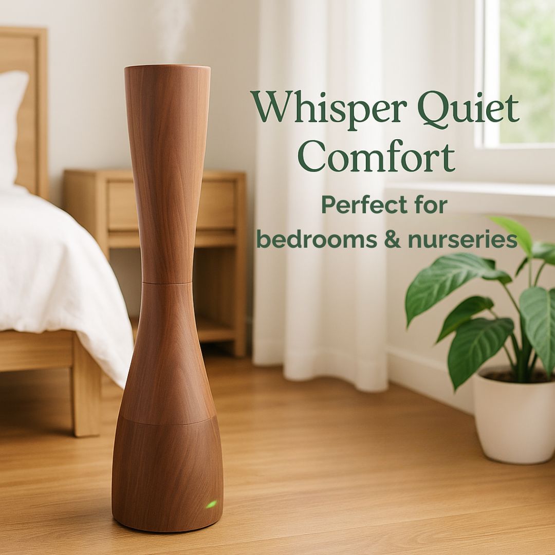 Wooden diffuser on a wooden floor with text 'Whisper Quiet Comfort' in a bedroom setting.