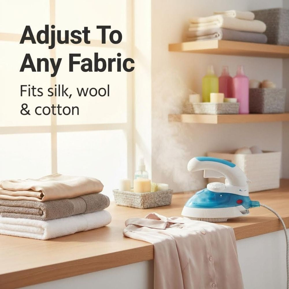 Eurosteam multi brush and travel Iron with text 'Adjust To Any Fabric Fits silk, wool & cotton' on a wooden surface with folded clothes.