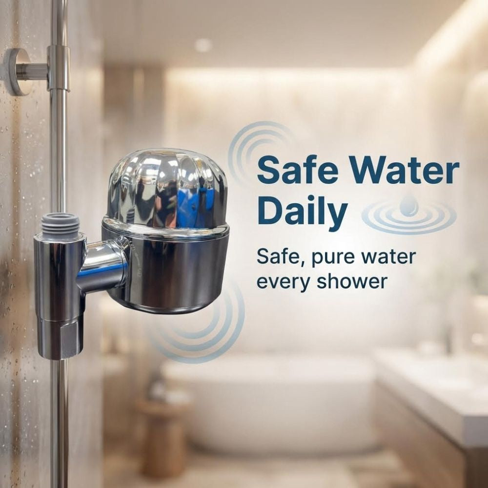 Chrome shower filter with 'Safe Water Daily' text in a bathroom setting