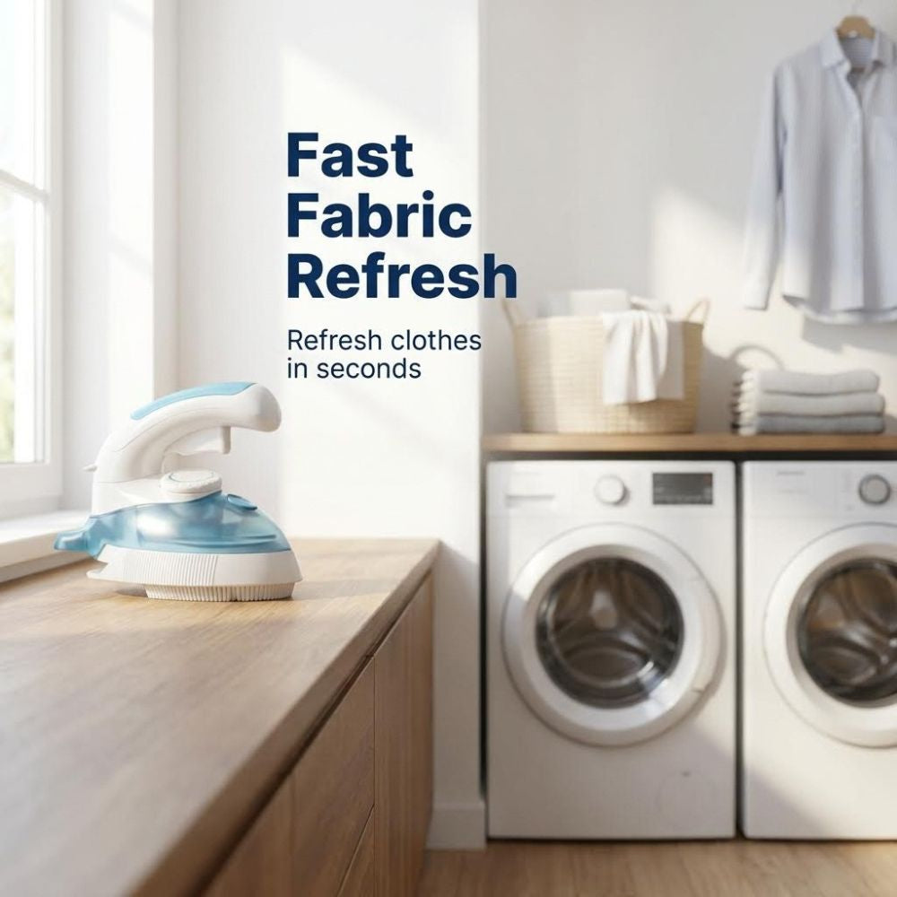 Eurosteam travel iron, washing machine, and dryer in a laundry room with text 'Fast Fabric Refresh'.