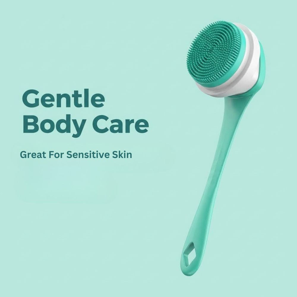 Green ShowerMe shower body brush with text on a light blue background
