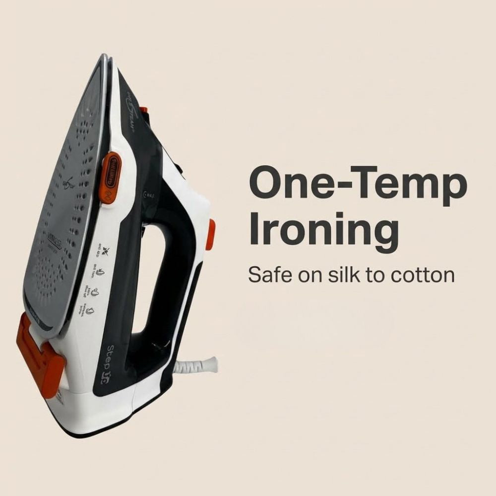 Eurosteam Step Up iron with 'One-Temp Ironing' text on a beige background