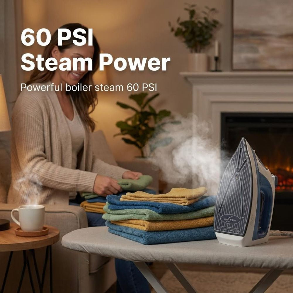 Woman ironing clothes with a steam iron in a home setting, emphasizing 60 PSI steam power.