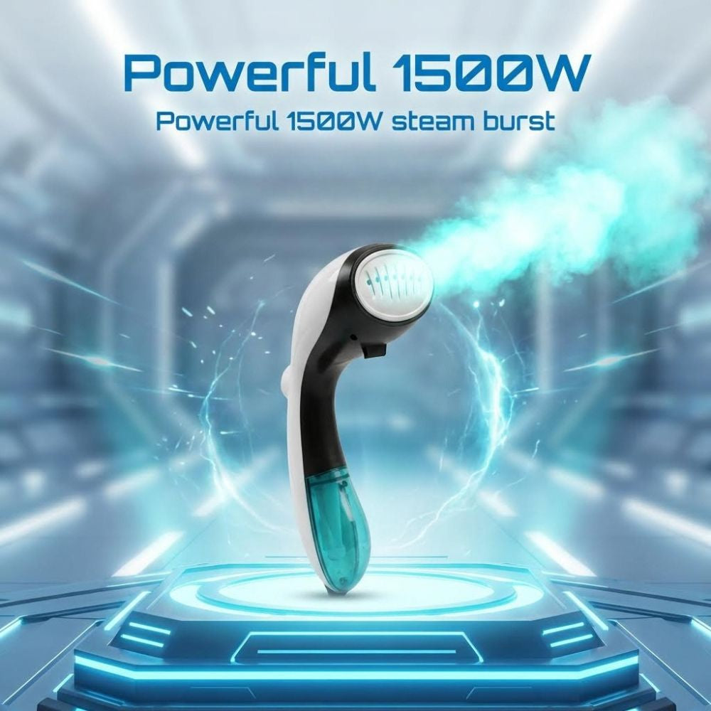 Eurosteam Steam Ezee with 'Powerful 1500W steam burst' text on a futuristic background