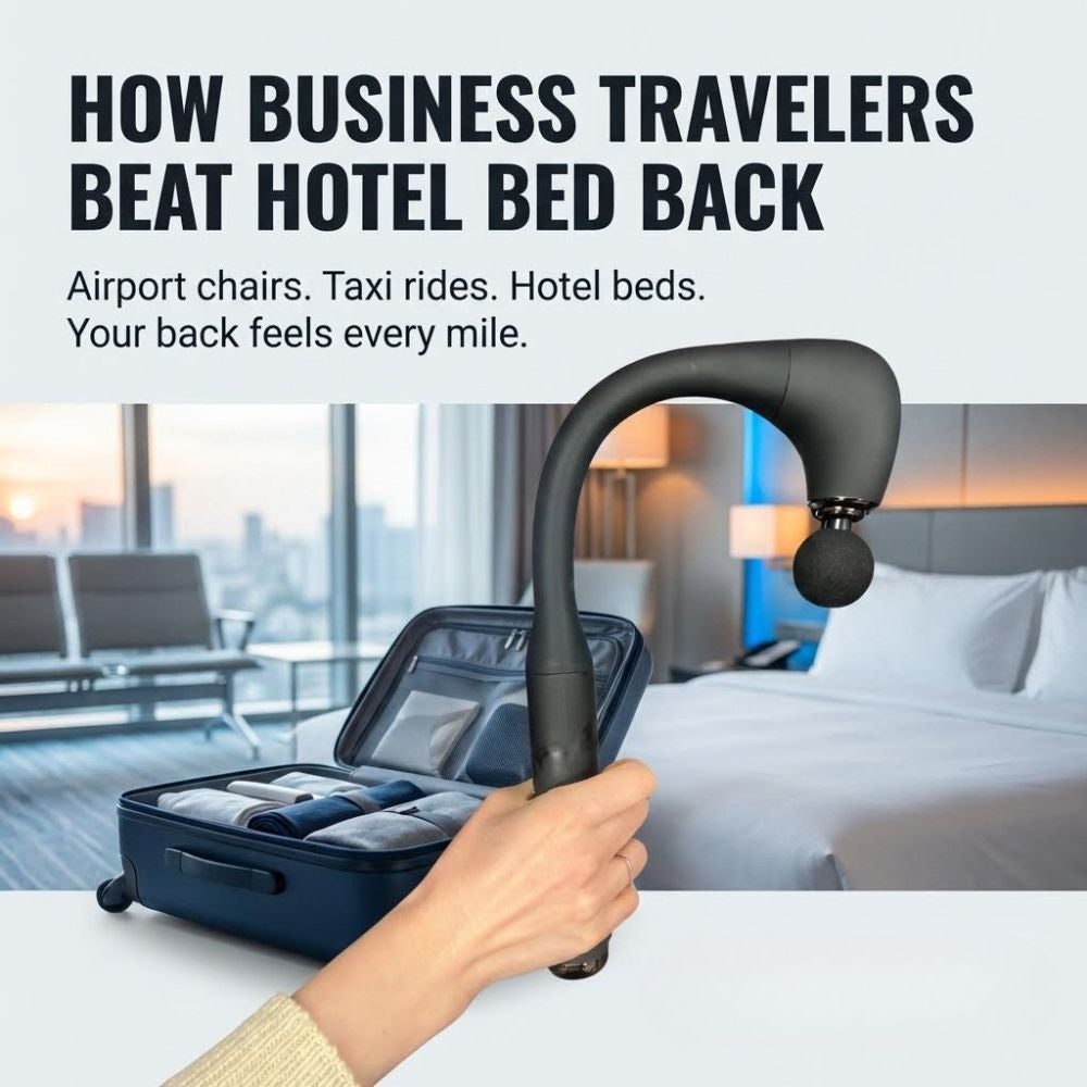 Hand holding a massage hammer next to an open suitcase with a bedroom in the background