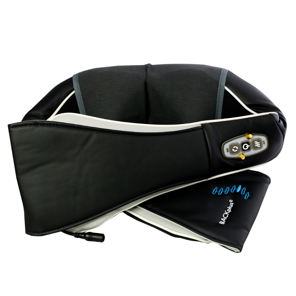 A sleek black neck and shoulder massager featuring control buttons and a soft, padded design for comfort and relaxation.