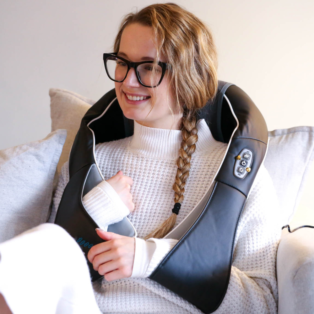 Woman using BACKPlus® PRO 3 in 1 Massager for Neck Shoulders and Back Neck Massager.
