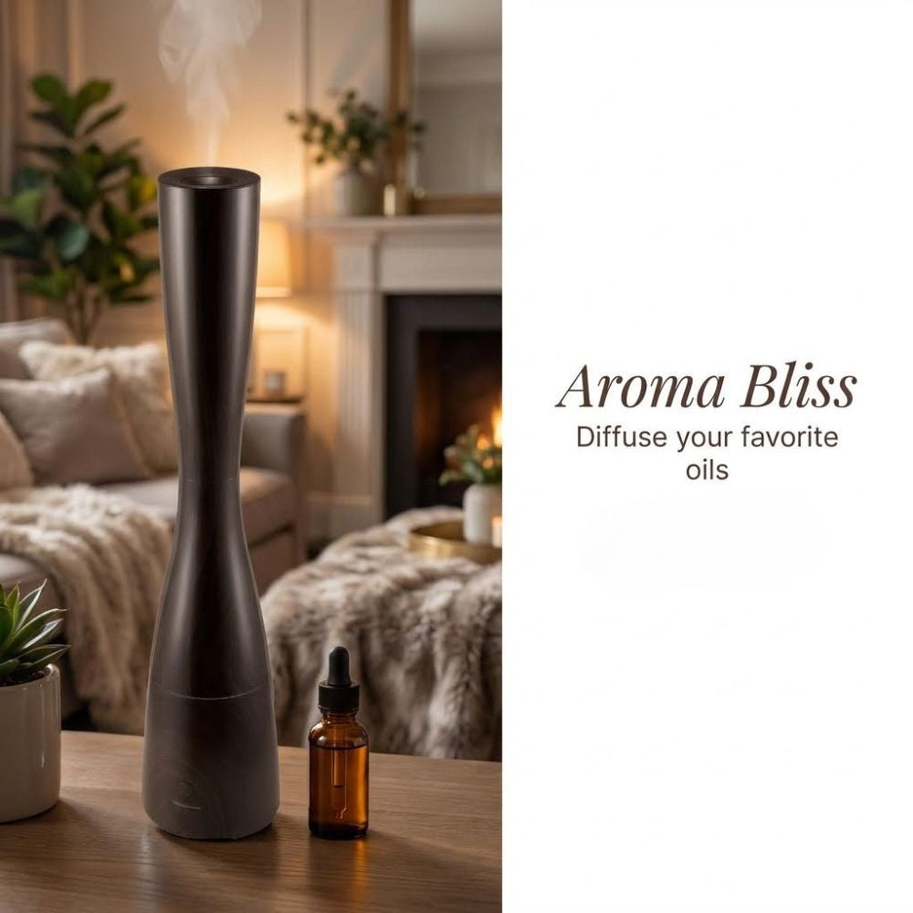 Aromatherapy diffuser and bottle on a table with a cozy living room background, featuring the brand 'Aroma Bliss'.