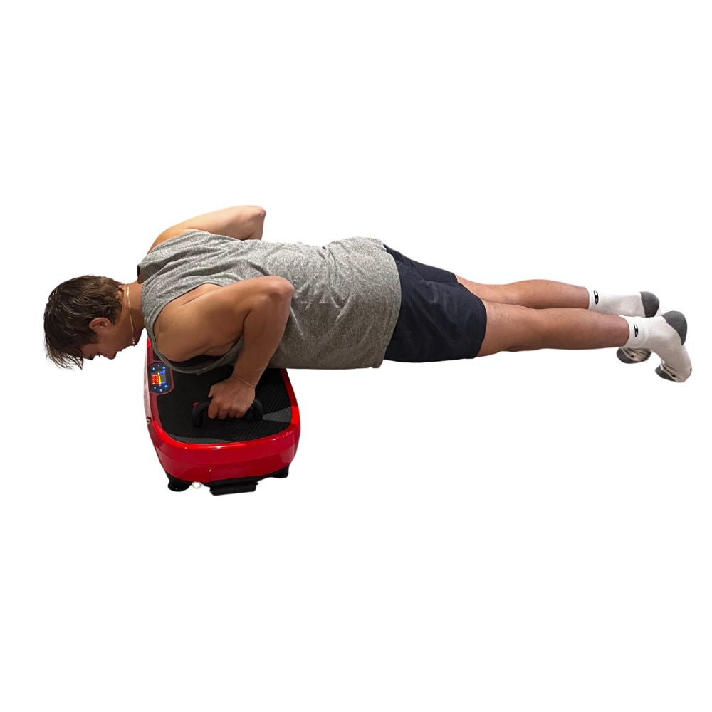 Person doing push ups on the BACKplus Fitness Platform on a white background