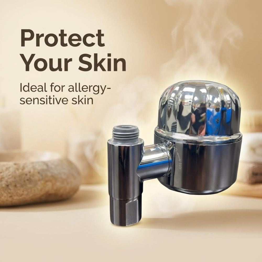 Chrome shower head with text 'Protect Your Skin Ideal for allergy-sensitive skin' on a beige background