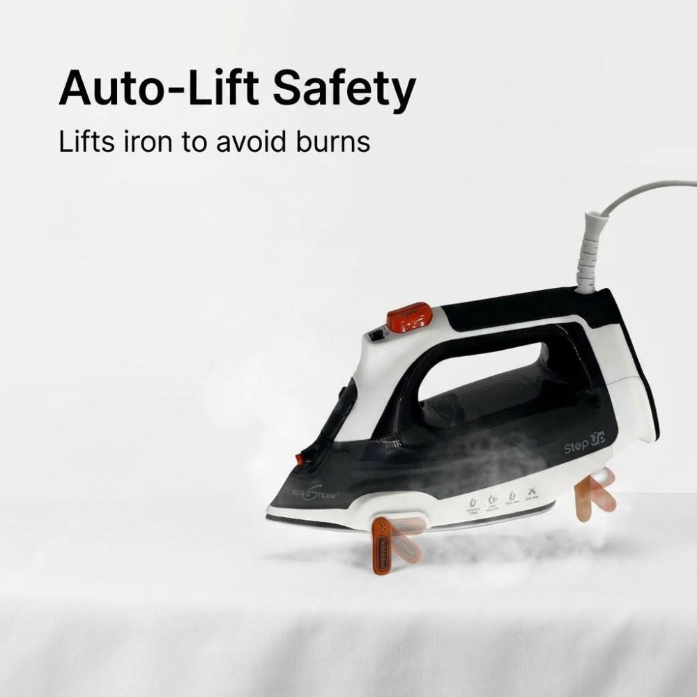 Eurosteam Step Up iron with auto-lift safety feature on a white background
