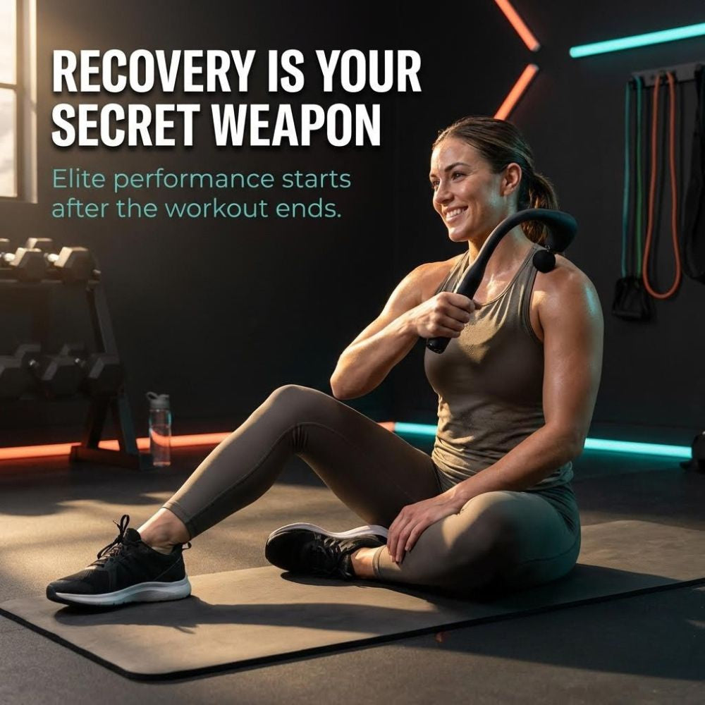 Woman exercising with a massage gun in a gym setting, with text about recovery.