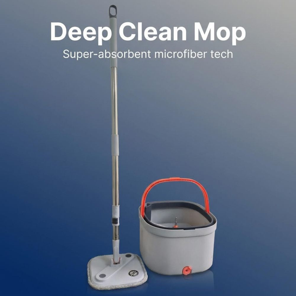 Deep clean Ultra Spin Mop with super-absorbent microfiber technology on a blue background