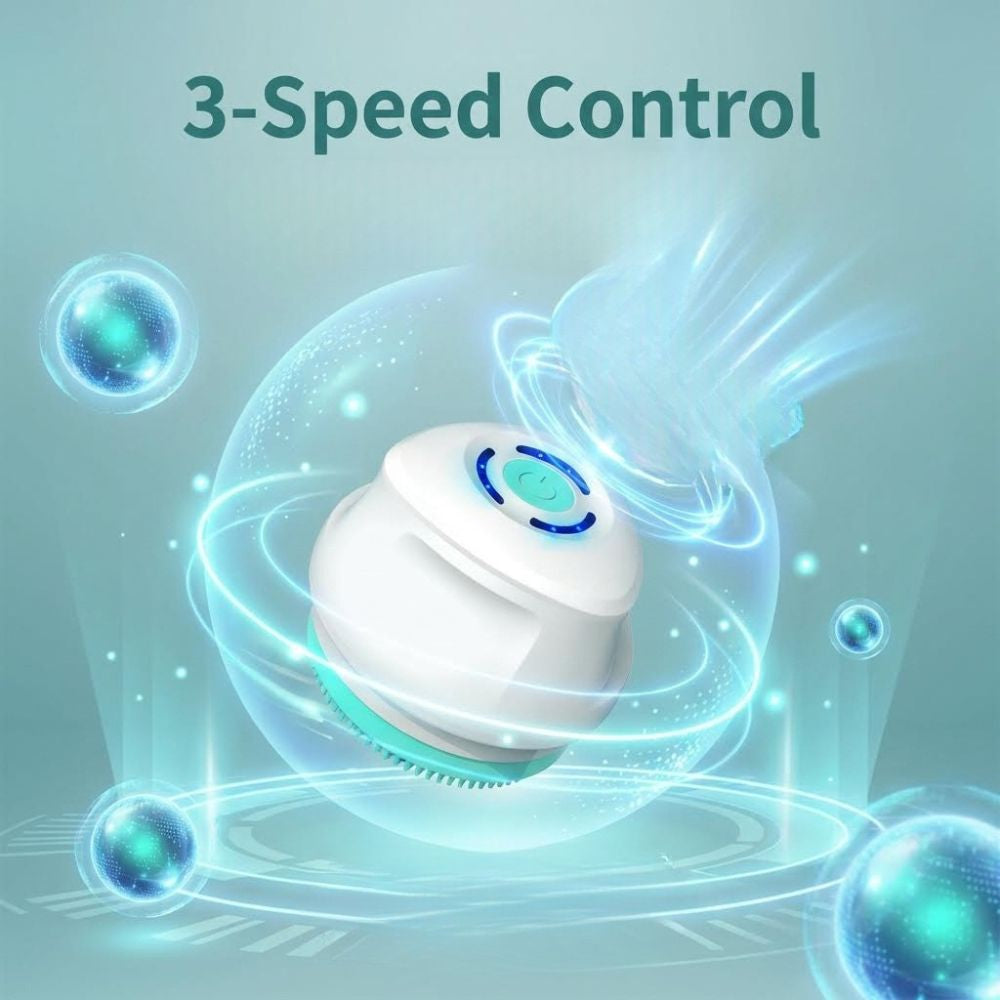 White ShowerMe Shower Brush with 3-speed control feature on a light blue background