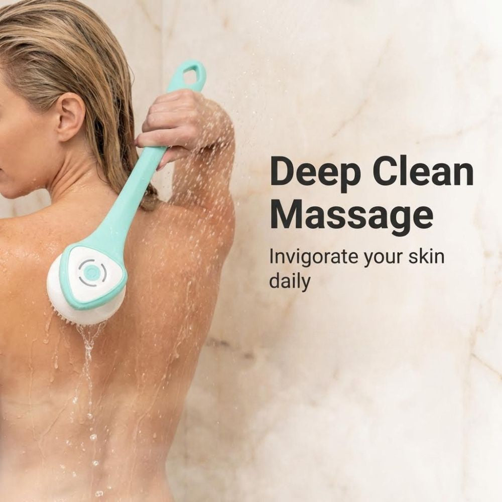 Woman using a handheld shower scrubber with text 'Deep Clean Massage' and 'Invigorate your skin daily'.