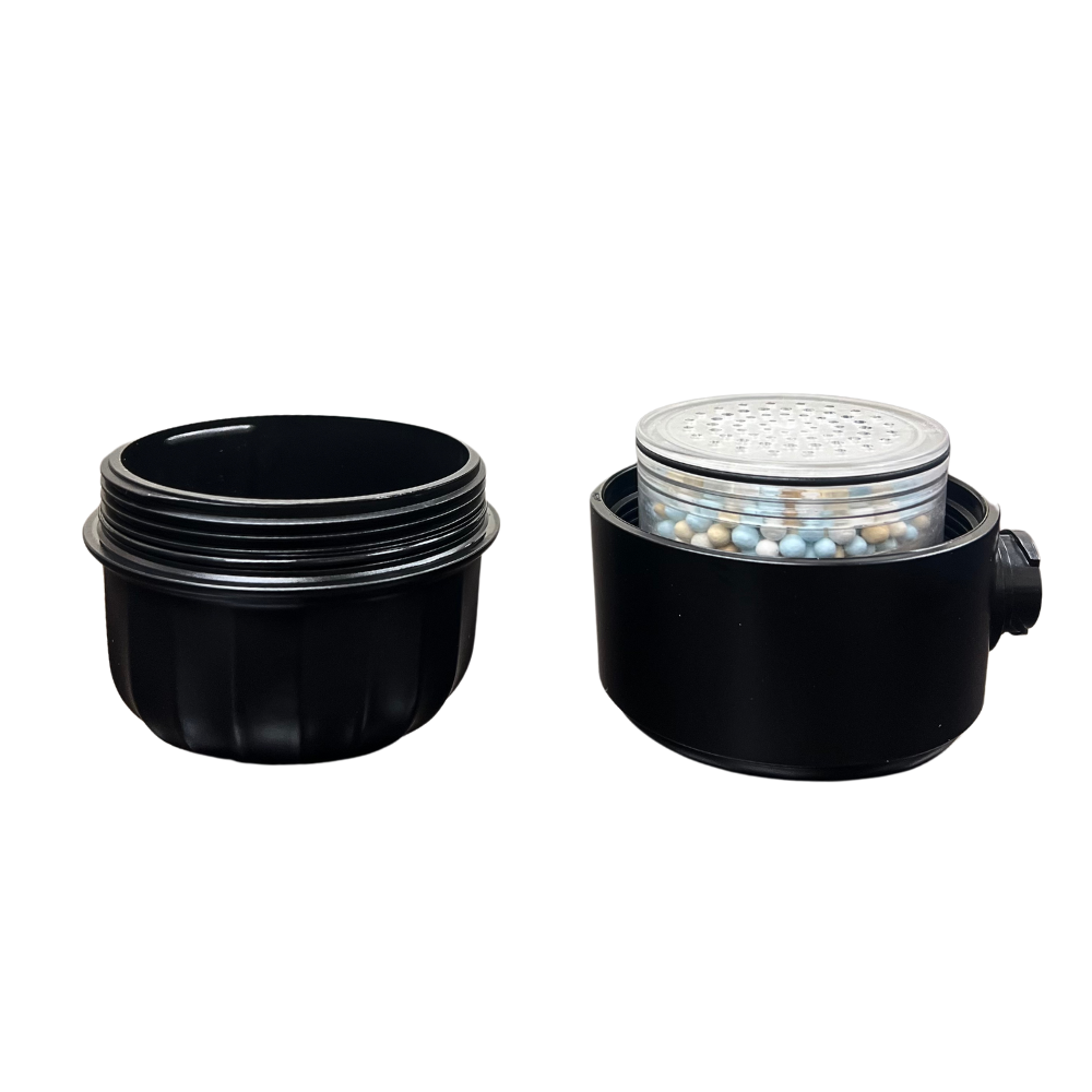 ShowerMe H2O Filter Matte Black open to show filter cartridge