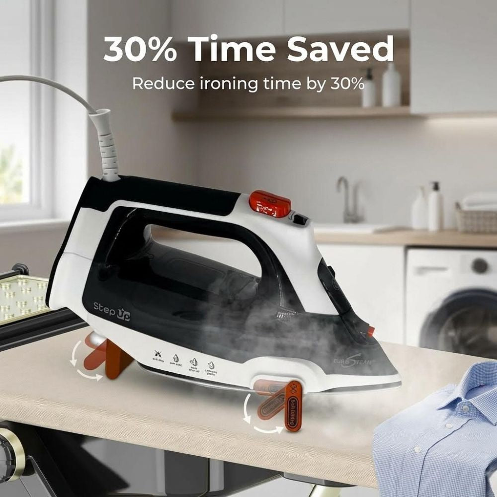 Eurosteam Step Up iron on a table with text indicating time saved, set against a laundry room background.