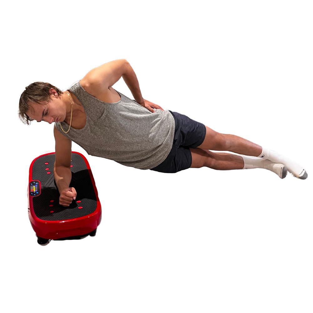 Person using a red vibration plate on a white background