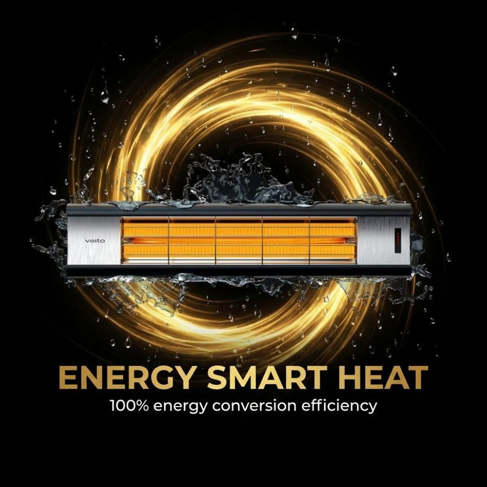 Energy smart heat Veito Aero Heater with swirling gold design on a black background