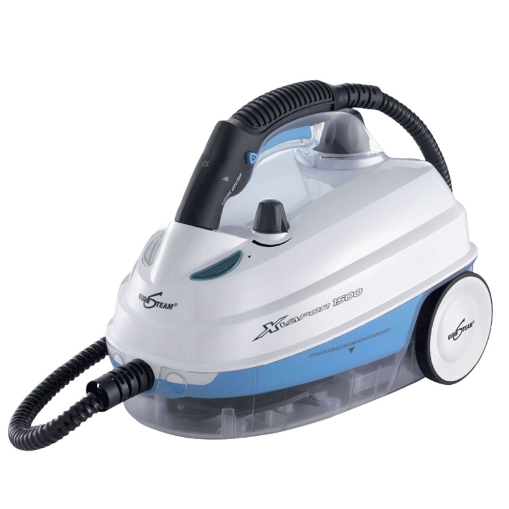 White and blue steam iron with black hose on a white background