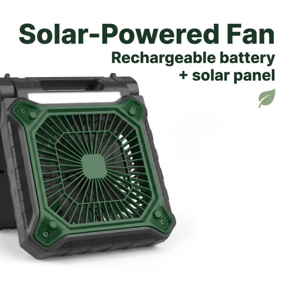 Solar-powered fan with rechargeable battery and solar panel on a white background
