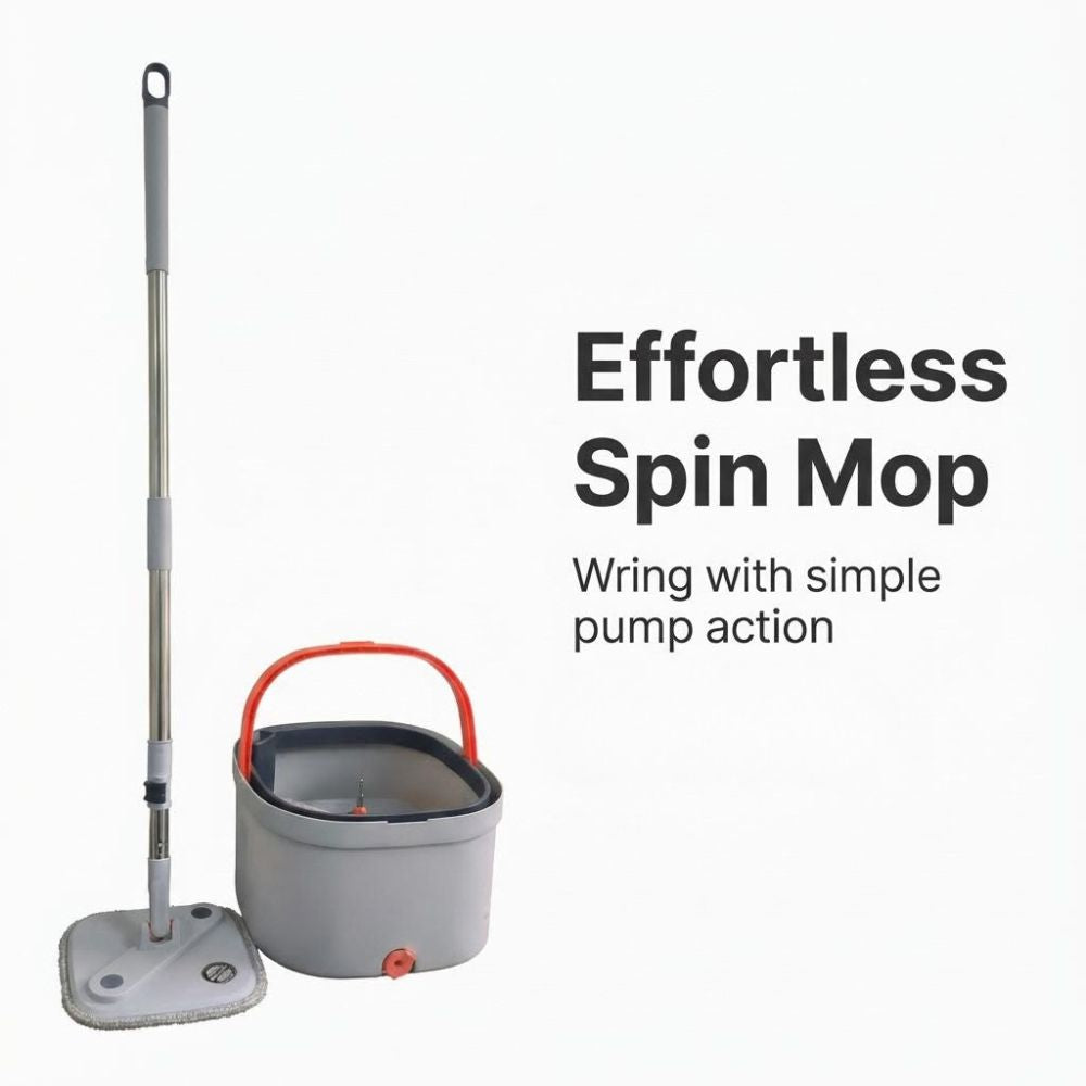 Spin mop with bucket on a white background, featuring text 'Effortless Spin Mop' and 'Wring with simple pump action'.