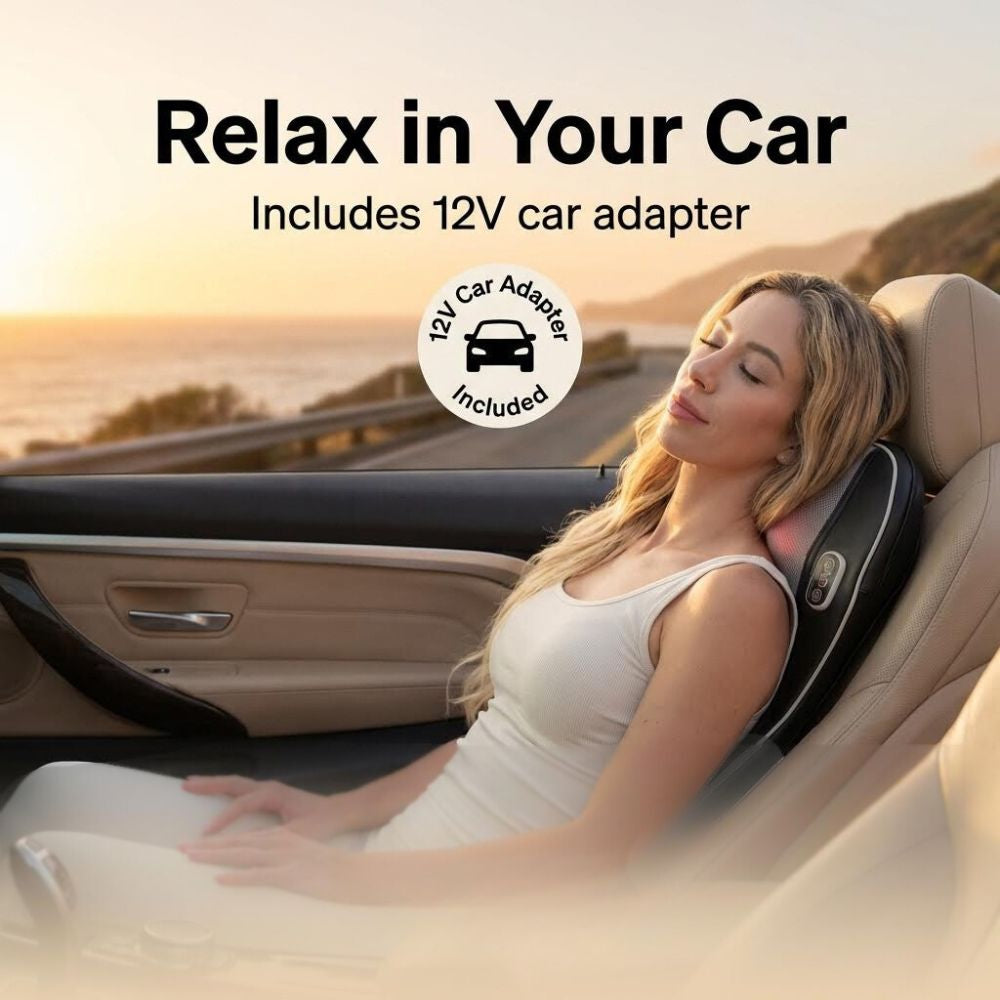 Woman using a car back massager with scenic background and text about 12V car adapter included.
