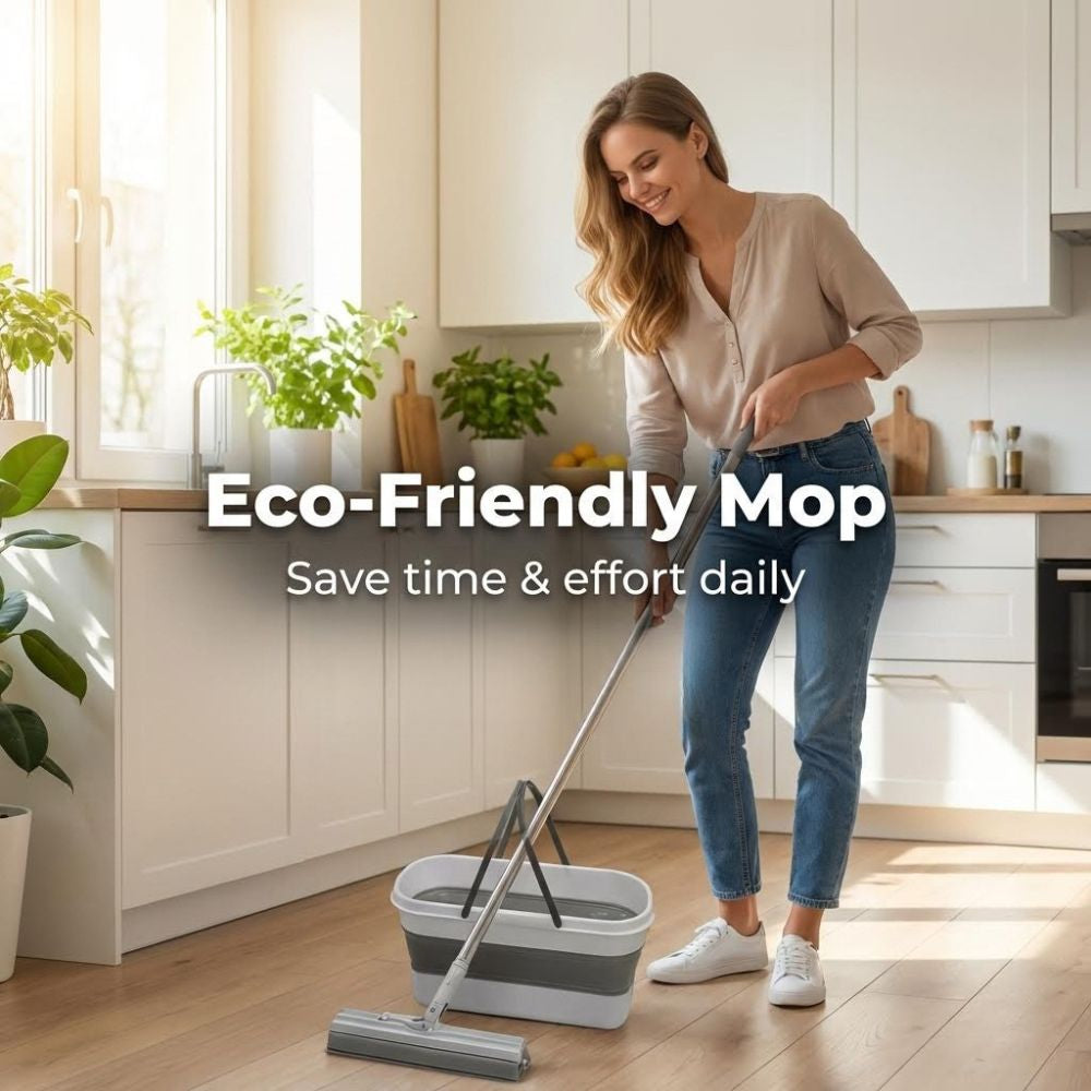 Woman using an eco-friendly PVA mop in a bright kitchen.