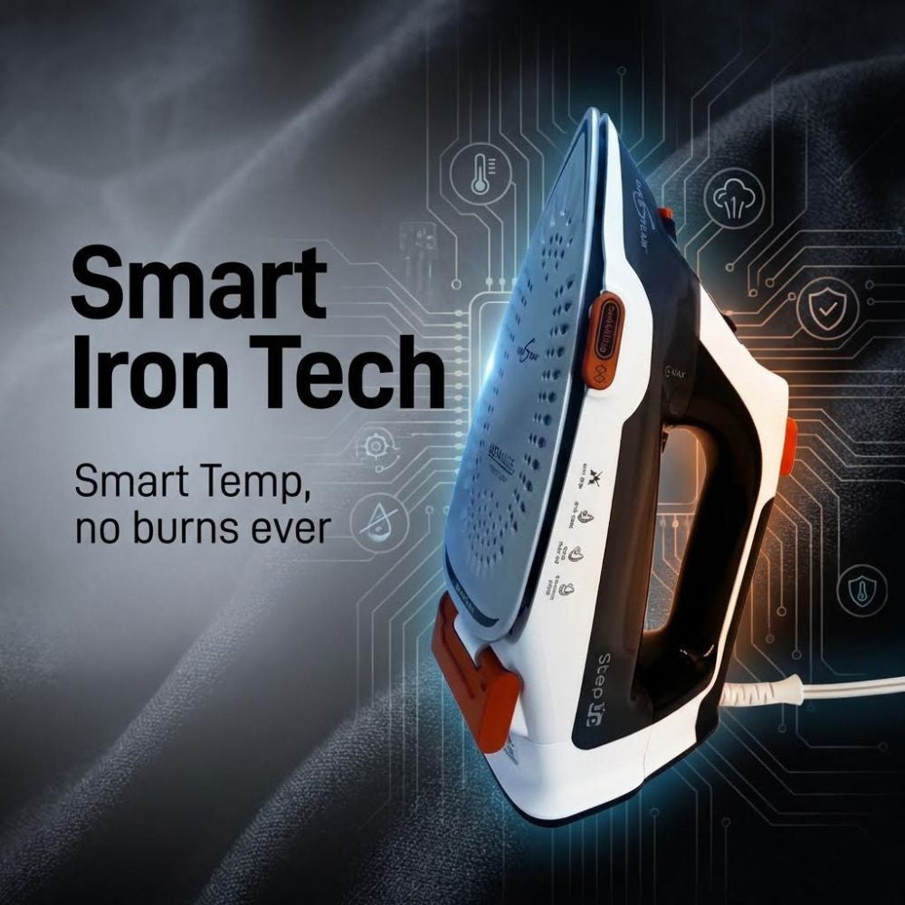 Smart iron with digital design elements on a dark background
