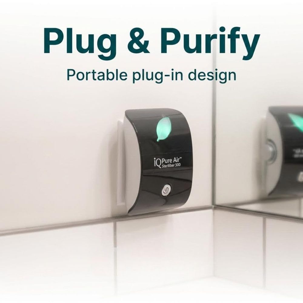 Portable air purifier with 'Plug & Purify' text on a white wall background