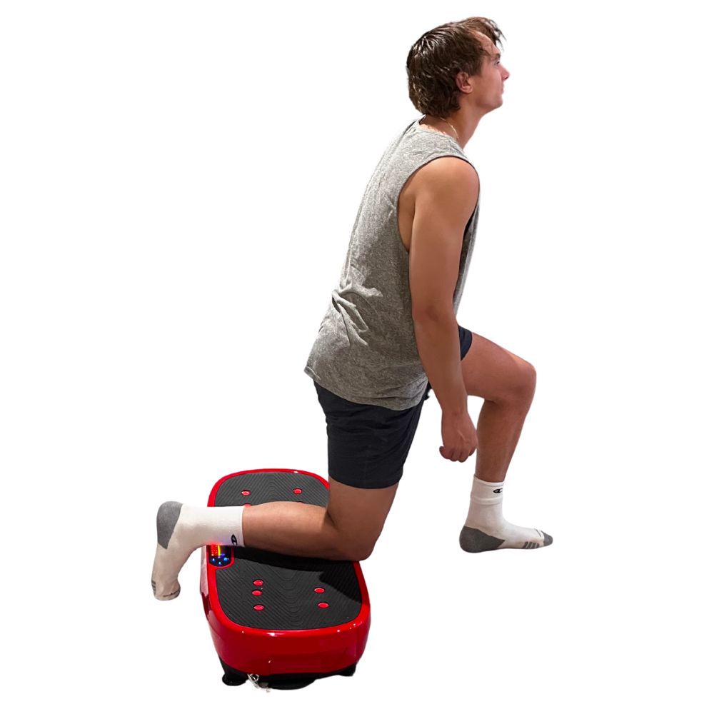 Person kneeling on a red and black step machine on a white background