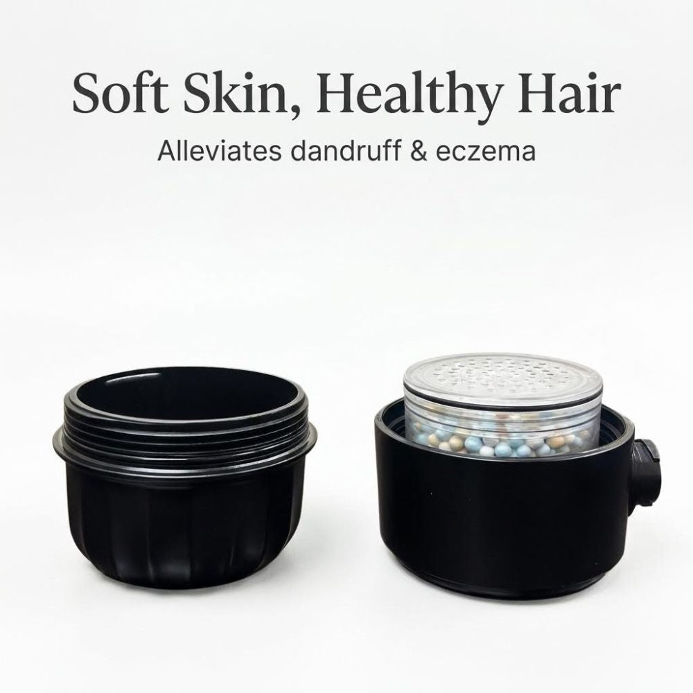 Black shower filter on a white background, promoting skincare and hair care benefits.