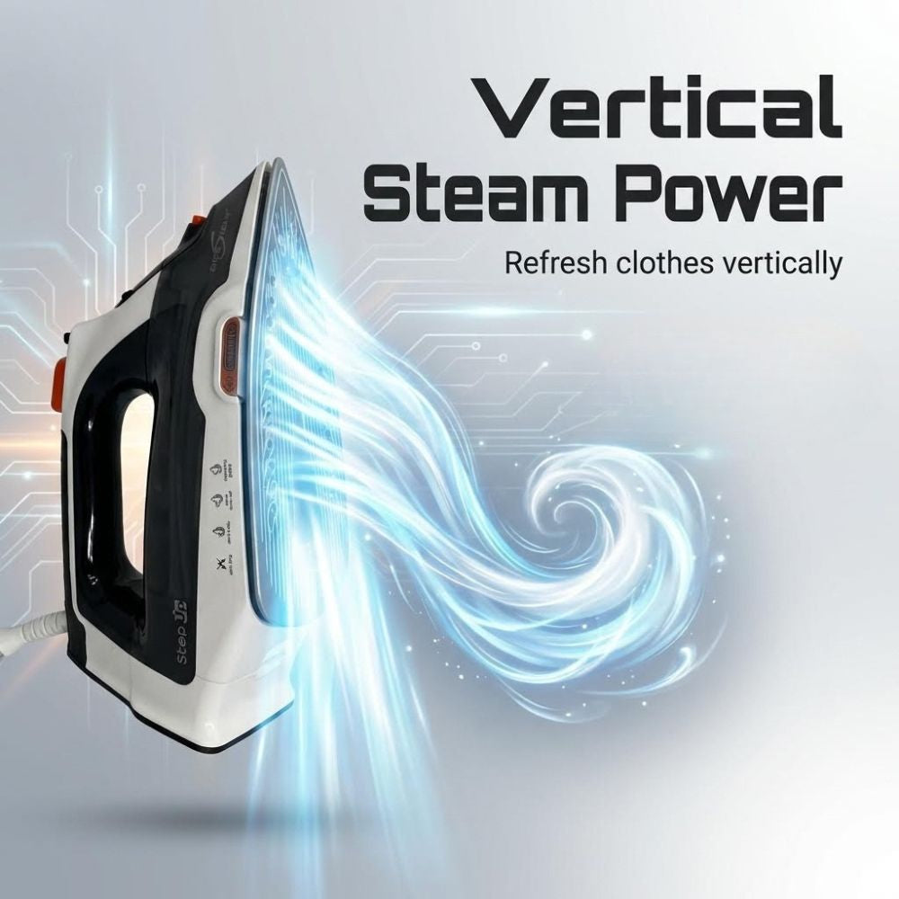 Eurosteam Step Up iron with blue steam on a light gray background