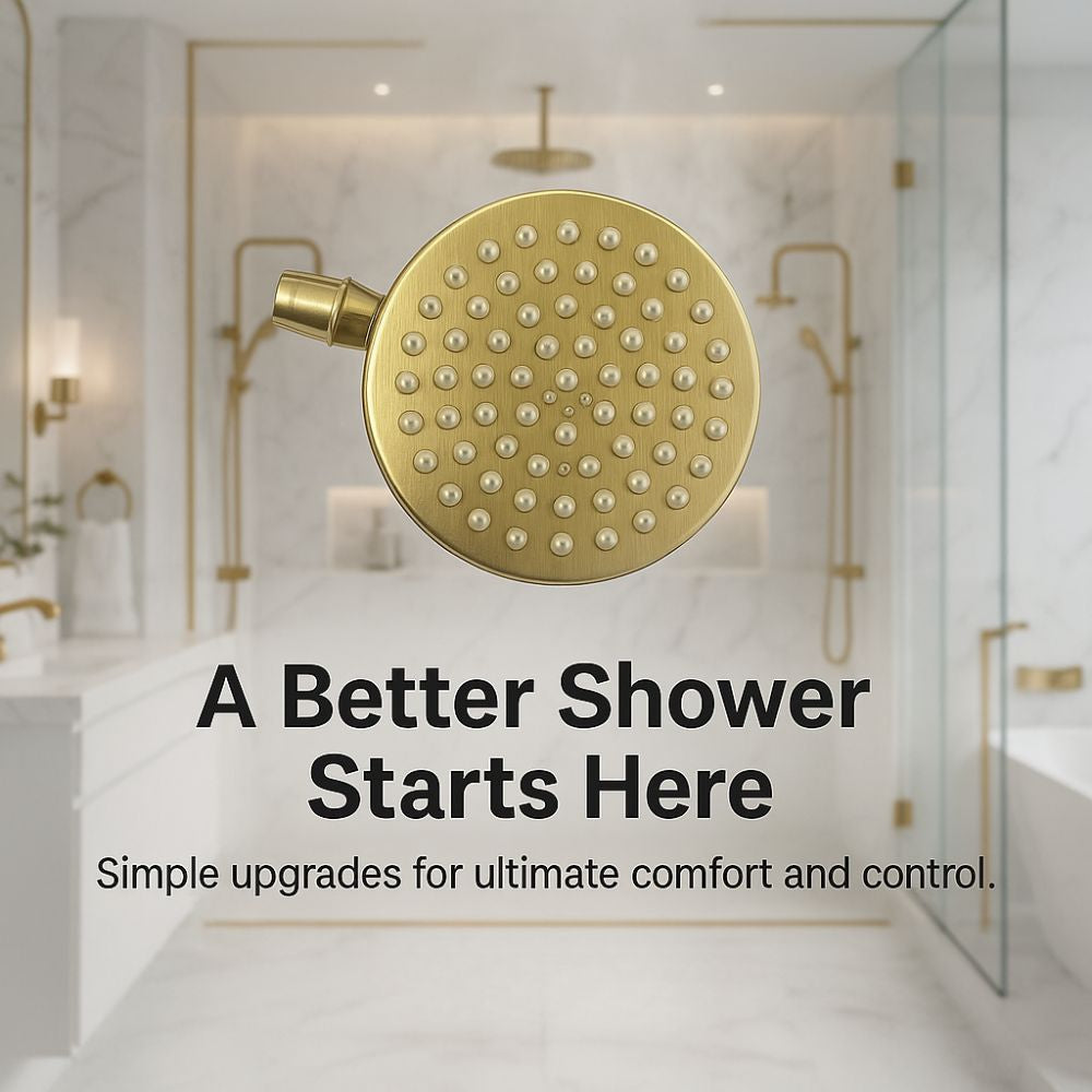 Gold shower head with text 'A Better Shower Starts Here' in a bathroom setting.