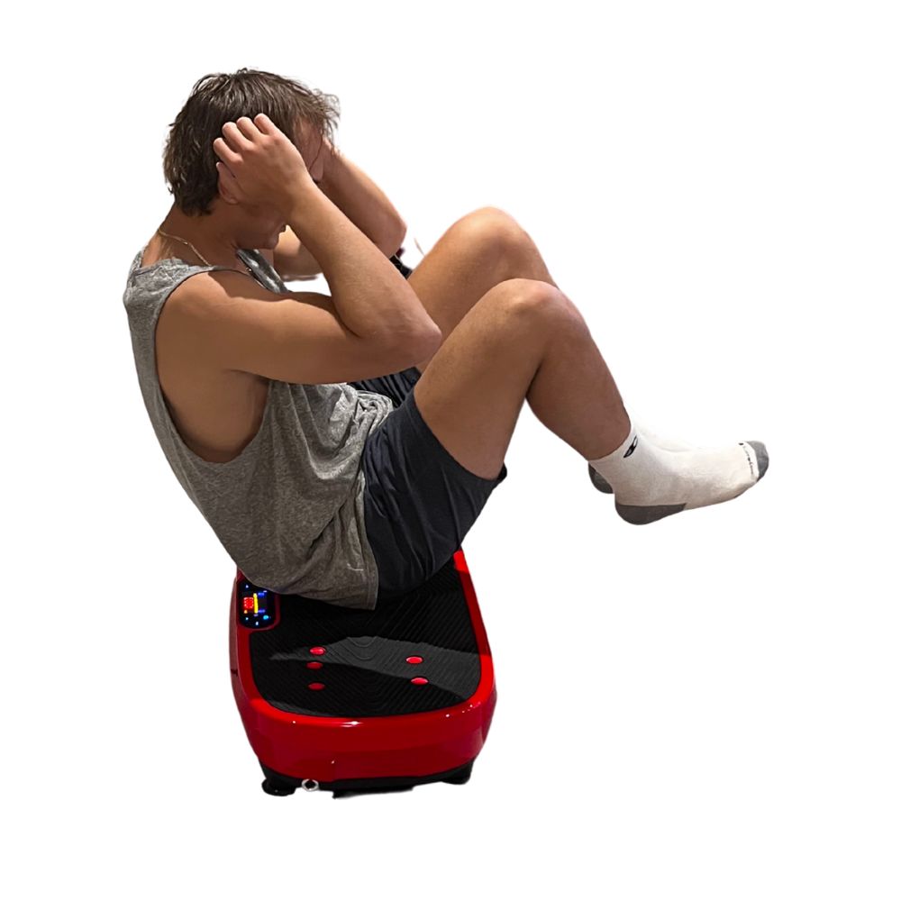 Person sitting on the BACKplus Fitness Platform on a white background