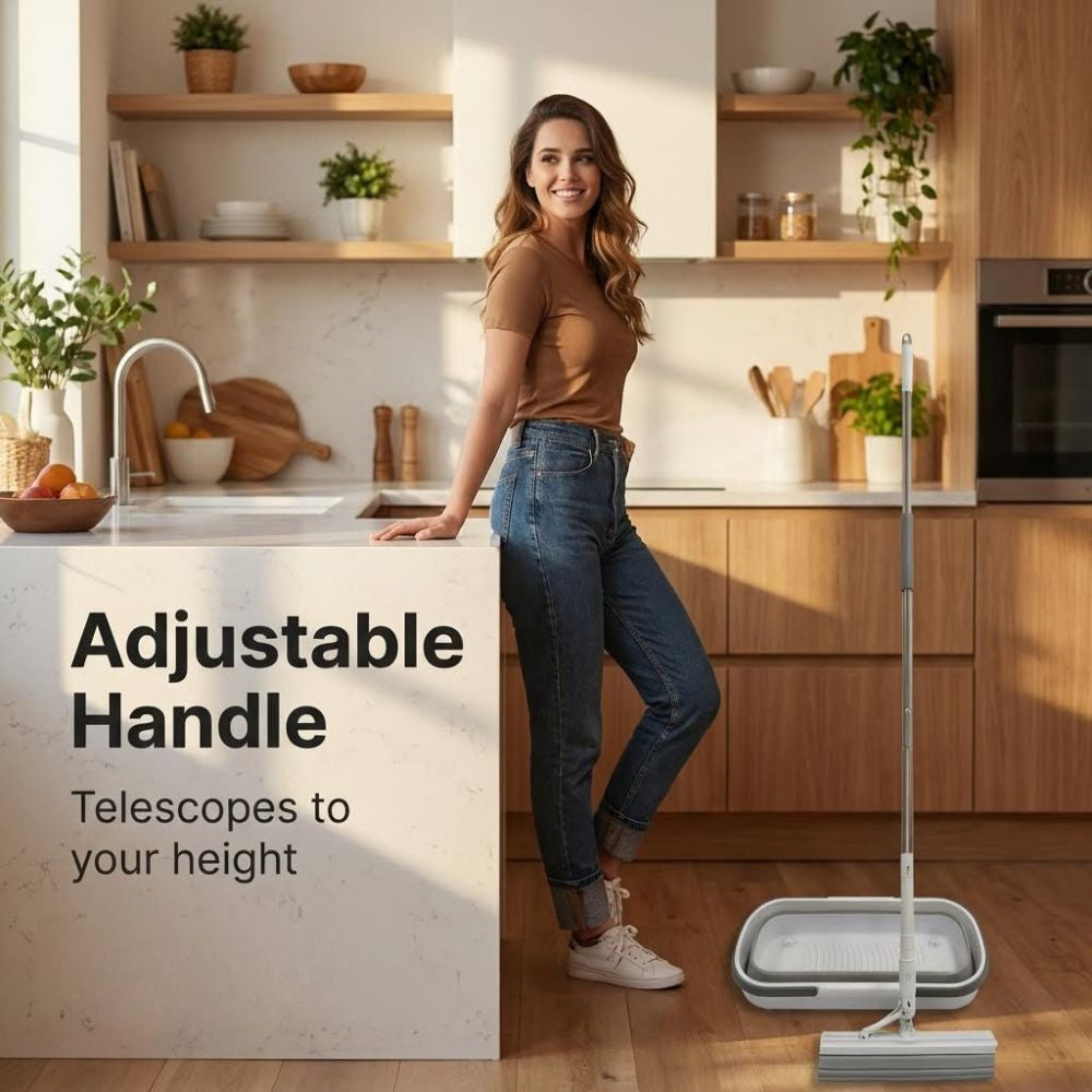 Woman standing in a kitchen with a PVA Mop and collapsible bucket, emphasizing an adjustable handle feature.