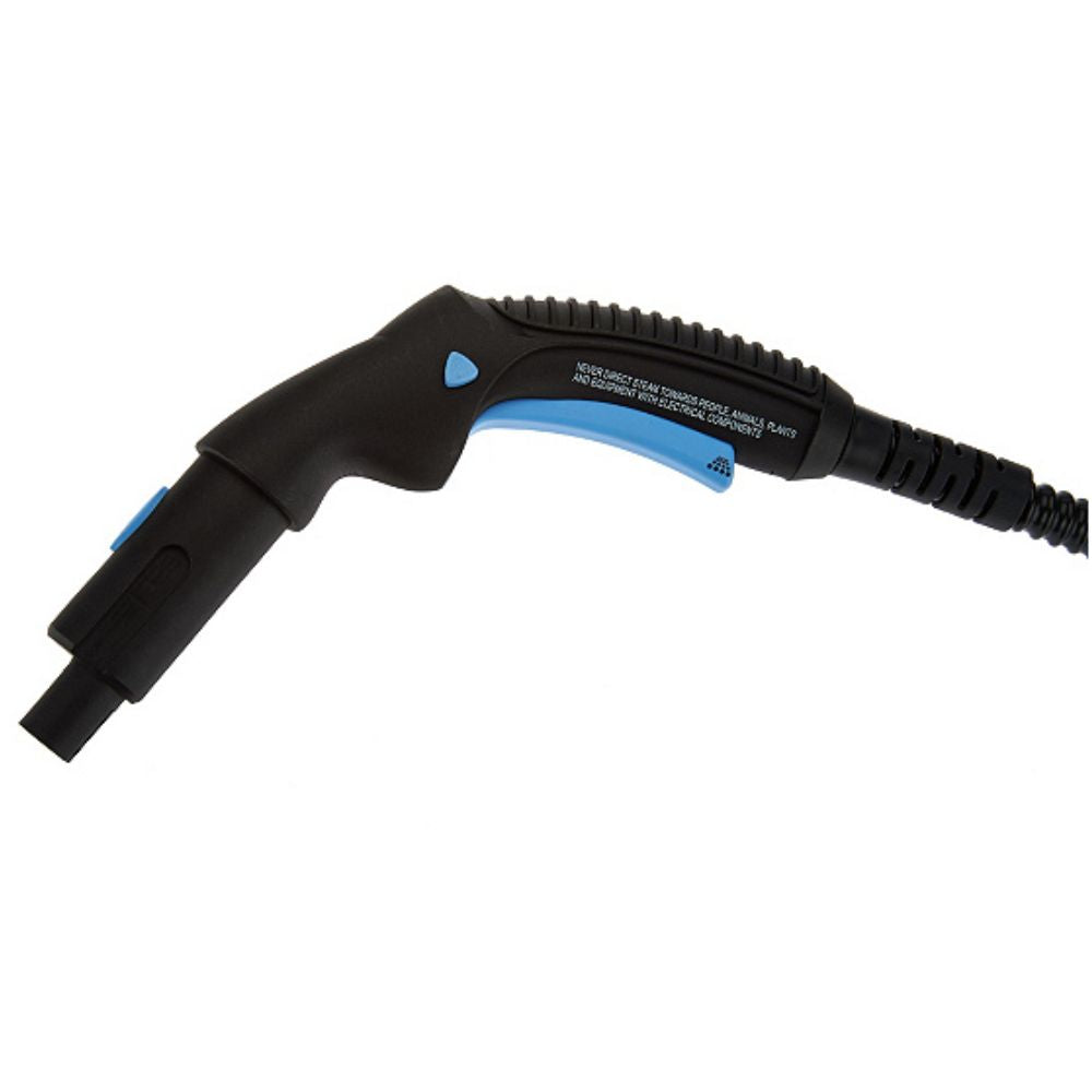 Black and blue steam cleaner nozzle on a white background