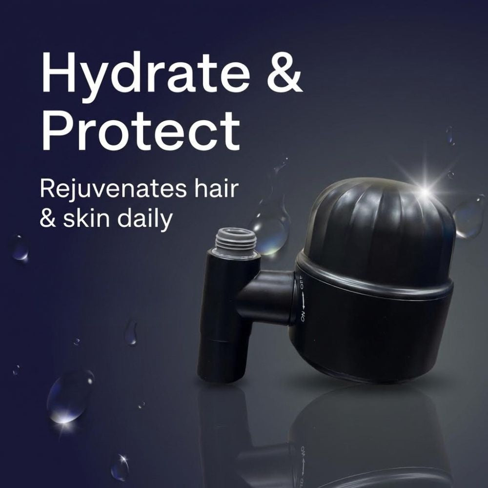 Matte Black ShowerMe Shower Filter with text 'Hydrate & Protect' on a dark background