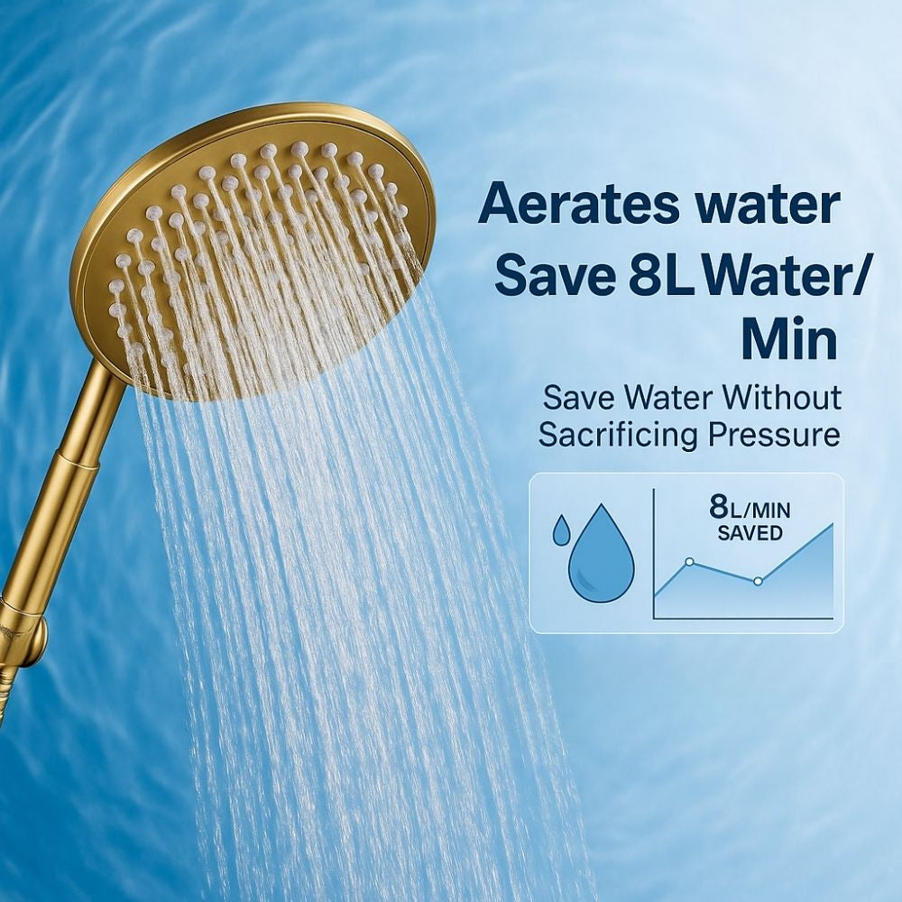 Gold shower head with water flow against a blue background, featuring text about water saving.