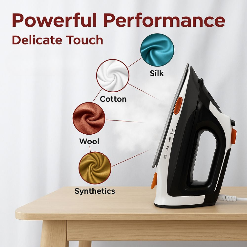 Steam iron on a table with fabric types shown above it, against a white curtain background.