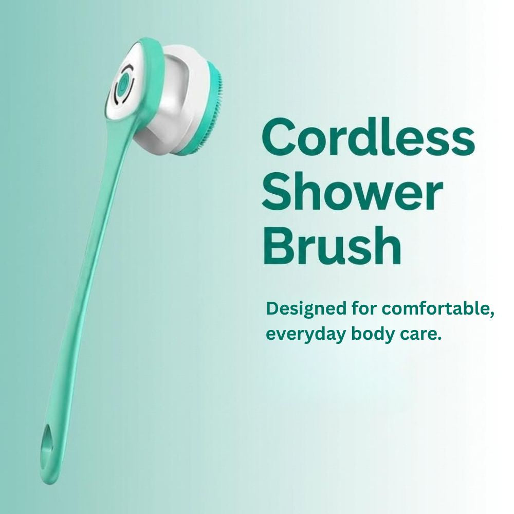 Cordless shower brush with text on a light green background