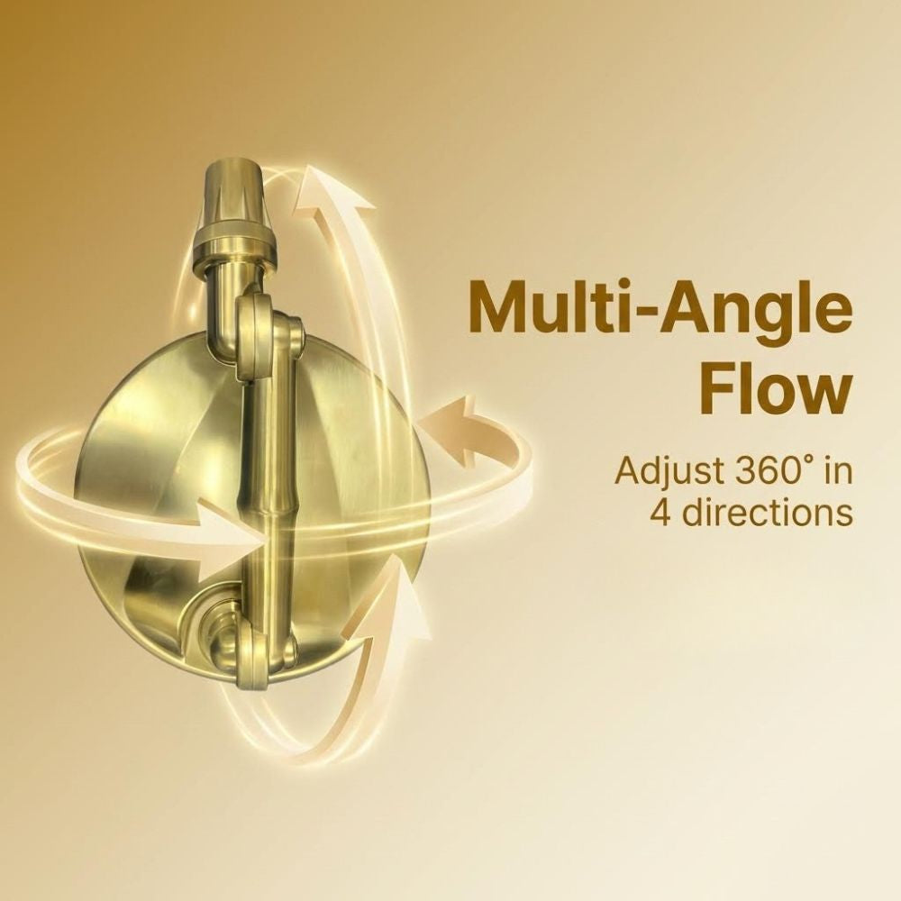 Gold shower head with 'Multi-Angle Flow' text on a beige background