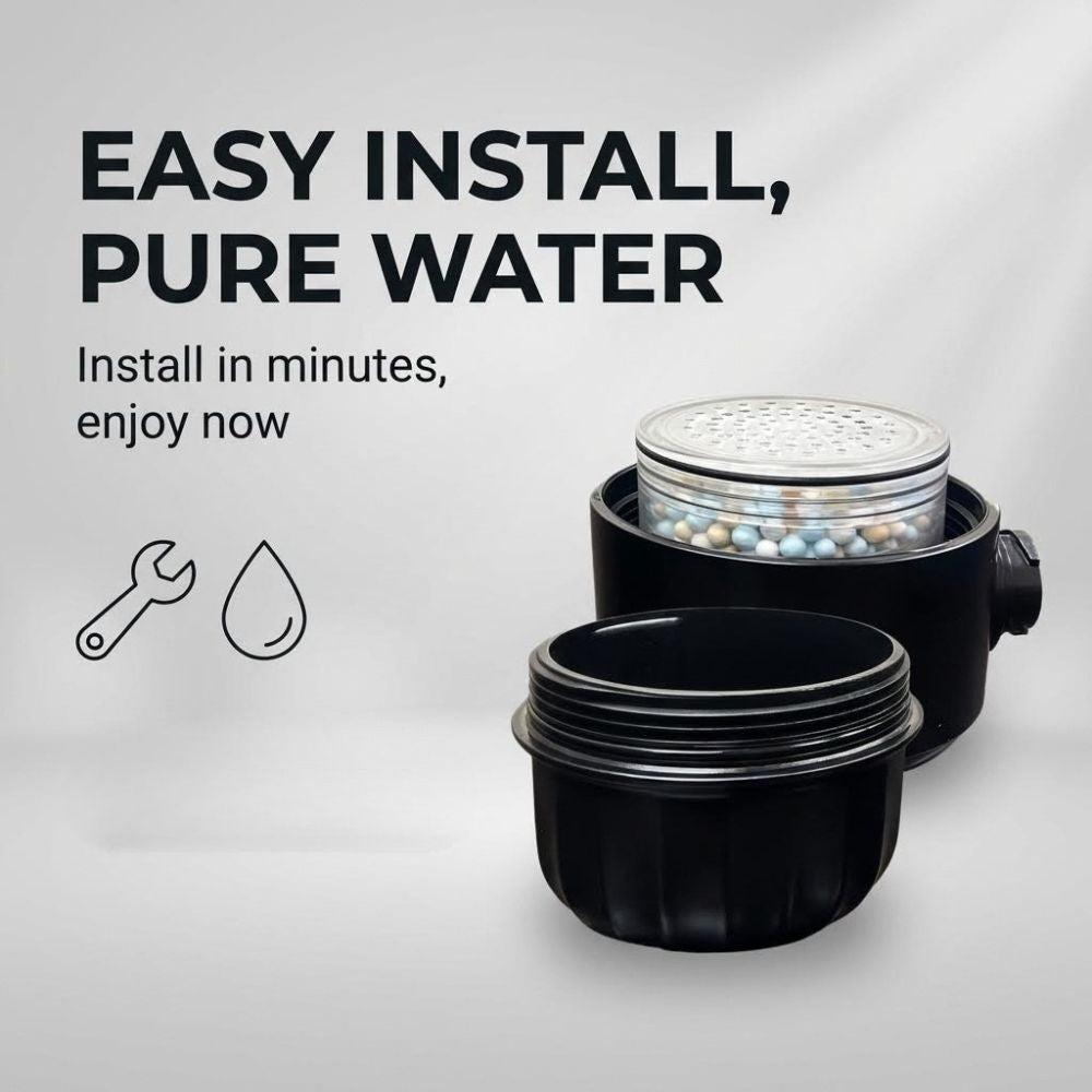 Black water filter with text 'Easy install, pure water' on a gray background