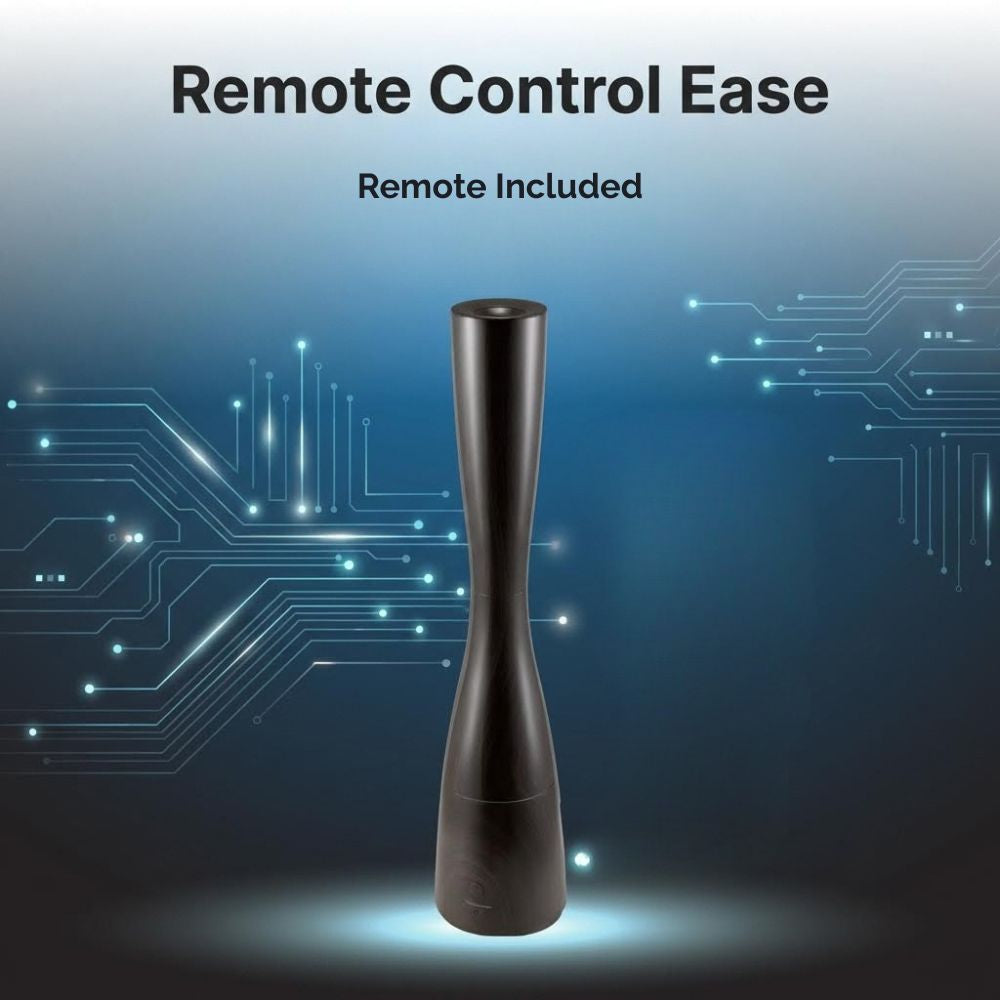 Micro Mist Tower Humidifier with 'Remote Control Ease' text on a blue circuit board background.