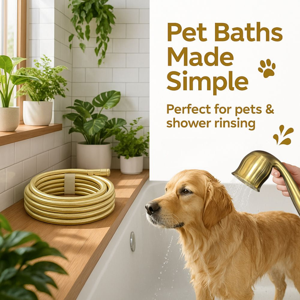 Dog being bathed with a handheld shower head in a bathroom setting, with text 'Pet Baths Made Simple' on the right.