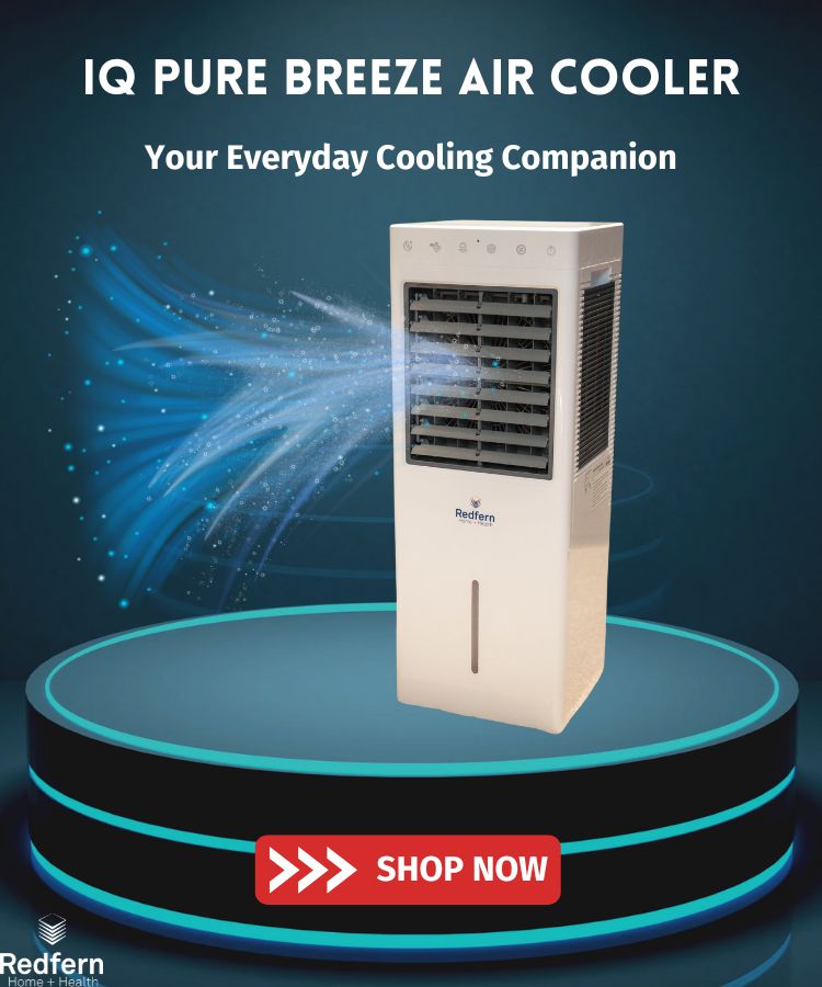 IQ Pure Breeze air cooler with cooling effect on a dark blue background, featuring the Redfurn brand.
