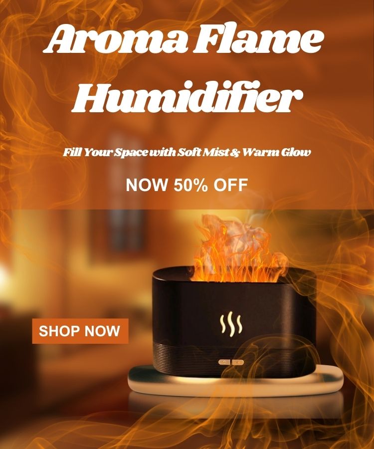 Aroma Flame Humidifier with flames and promotional text on a warm glow background