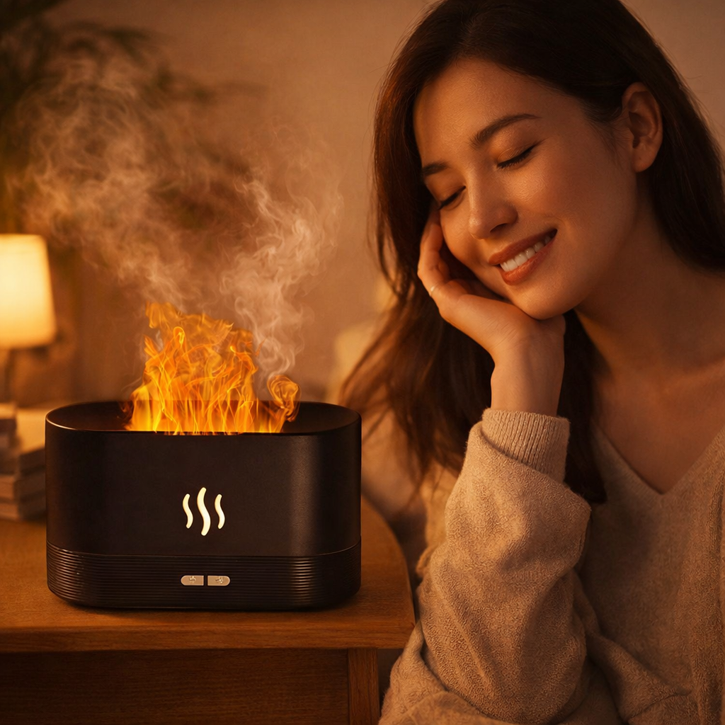 Woman smiling next to an Aroma Flame Humidifier emitting flames and mist in a warm setting