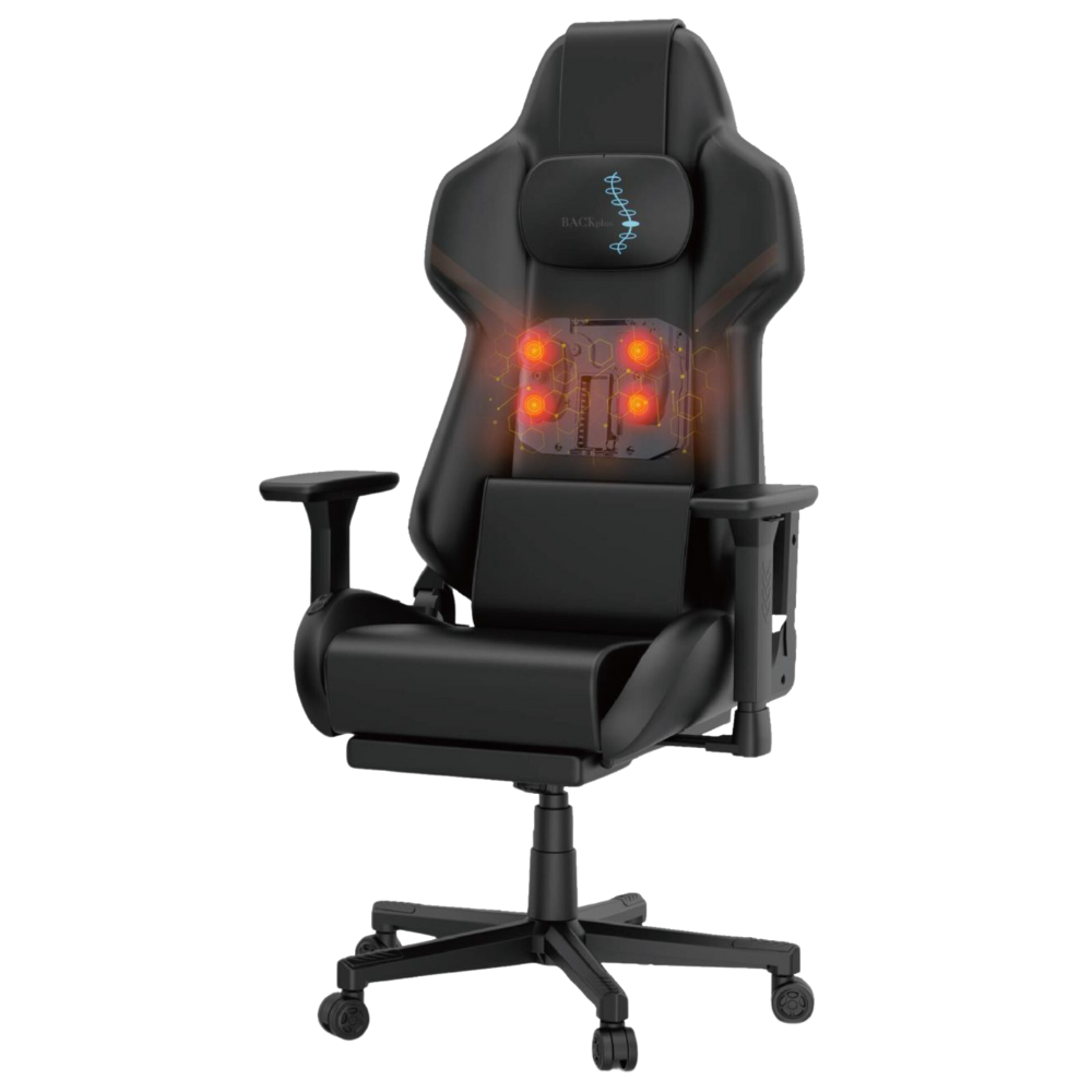 BACKplus Ergonomic black chair with red, illuminated massage nodes on the backrest, adjustable armrests, and a cushioned seat, conveying comfort.