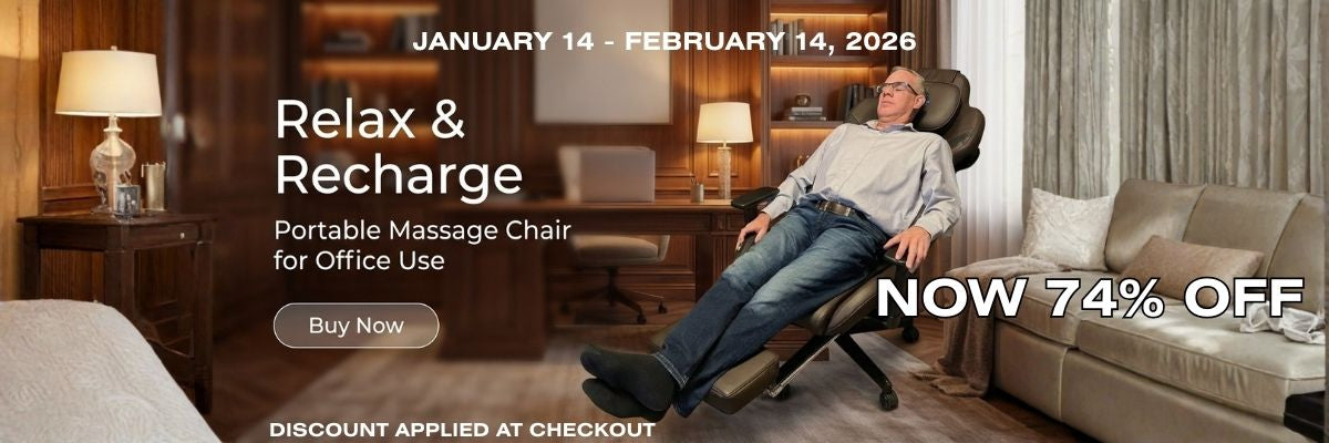 Advertisement for a portable massage chair with a discount offer in a home setting.
